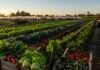 El país que exporta alimentos al mundo no puede alimentar bien a sus propias ciudades, según un estudio de la UNC Producción de verduras en la provincia de Córdoba, Argentina, con hileras de hortalizas, cajones de cosecha, invernaderos y tractor trabajando al atardecer.