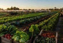El país que exporta alimentos al mundo no puede alimentar bien a sus propias ciudades, según un estudio de la UNC Producción de verduras en la provincia de Córdoba, Argentina, con hileras de hortalizas, cajones de cosecha, invernaderos y tractor trabajando al atardecer.
