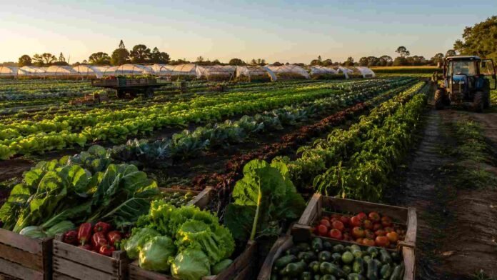 produccion-verduras-cordoba-argentina-huerta Producción de verduras en la provincia de Córdoba, Argentina, con hileras de hortalizas, cajones de cosecha, invernaderos y tractor trabajando al atardecer.