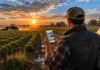 🔥 Google ahora te deja elegir qué medio ver primero: activá Ruralnet en un click y cambiá tu forma de informarte Productor agropecuario usando smartphone en el campo argentino al amanecer con maquinaria trabajando de fondo, representando acceso a noticias y fuentes preferidas en Google