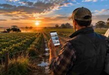 🔥 Google ahora te deja elegir qué medio ver primero: activá Ruralnet en un click y cambiá tu forma de informarte Productor agropecuario usando smartphone en el campo argentino al amanecer con maquinaria trabajando de fondo, representando acceso a noticias y fuentes preferidas en Google