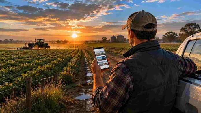 Productor agropecuario usando smartphone en el campo argentino al amanecer con maquinaria trabajando de fondo, representando acceso a noticias y fuentes preferidas en Google
