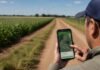 La tecnología de Google que le daría dirección postal a cada productor rural de Argentina en menos de un año Productor rural consultando un mapa digital en su celular sobre un camino de tierra entre cultivos en campo argentino.