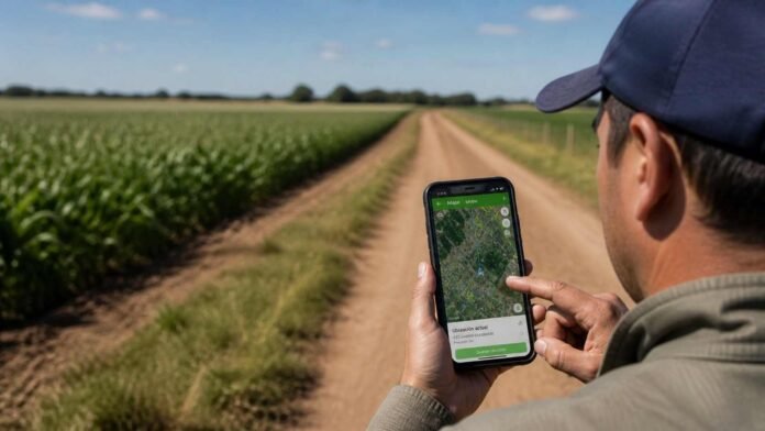 Productor rural consultando un mapa digital en su celular sobre un camino de tierra entre cultivos en campo argentino.