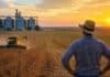 La gran paradoja del campo argentino: cosecha récord pero rentabilidad por debajo del promedio de ocho años Productor rural observando lote de cosecha con silos de granos al fondo en campo agrícola argentino