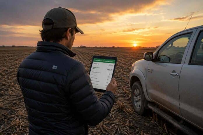 Productor agropecuario mirando una calculadora de márgenes agrícolas en una tablet junto a una camioneta 4x4 al atardecer en un campo con rastrojo de soja en Argentina