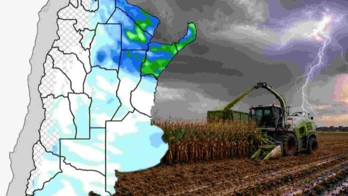 pronostico-agropecuario-heladas-neblinas-mayo-ruralnet Mapa meteorológico con zonas de lluvias y tormentas sobre Argentina junto a una picadora de maíz trabajando en un campo embarrado bajo cielo tormentoso.