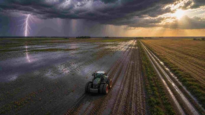 pronostico trimestral campo inundado de la región núcleo con huellas en el barro y un relámpago en el cielo durante una tormenta.