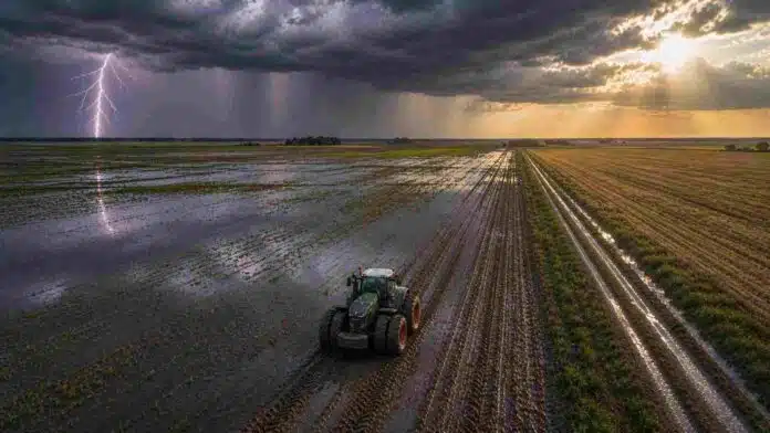 pronostico trimestral campo inundado de la región núcleo con huellas en el barro y un relámpago en el cielo durante una tormenta.