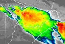 El SMN emitió dos avisos simultáneos: tormentas fuertes avanzan sobre Misiones, Formosa y Chaco Imagen satelital con nubosidad convectiva intensa sobre el norte argentino y países limítrofes, mostrando tormentas fuertes con alta actividad.