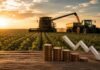 Retenciones: presentan un proyecto para eliminarlas en forma gradual y devolver al Congreso la potestad de fijarlas Escena agropecuaria con cosechadora y tractor trabajando en soja al atardecer, acompañada por monedas y una flecha descendente que representa la baja de retenciones en el agro argentino.
