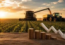 Retenciones: presentan un proyecto para eliminarlas en forma gradual y devolver al Congreso la potestad de fijarlas Escena agropecuaria con cosechadora y tractor trabajando en soja al atardecer, acompañada por monedas y una flecha descendente que representa la baja de retenciones en el agro argentino.