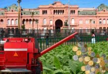 Milei anunció la baja de retenciones. El campo lo recibió con optimismo pero pide llegar a cero Cosechadora roja junto a un cultivo de soja y monedas frente a la Casa Rosada, en una imagen conceptual sobre retenciones al agro.