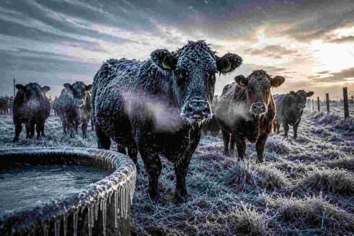Rodeo bovino cubierto de escarcha bajo frío extremo en campo argentino, con vapor saliendo de la boca de los animales y pasturas congeladas al amanecer