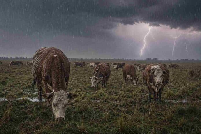 Rodeo Hereford pastando bajo lluvia intensa y relámpagos en un campo de pastura natural de la región pampeana argentina