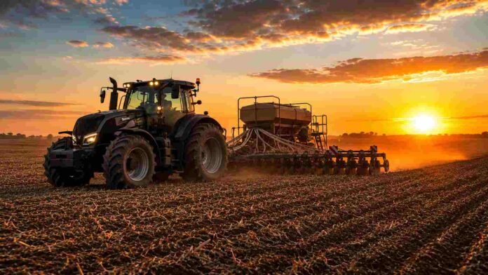 siembra-trigo-tractor-valtra-atardecer-campo-barbecho-ruralnet Tractor Valtra sembrando trigo con una sembradora de granos finos en un campo en barbecho al atardecer, con polvo suave y cielo dorado.