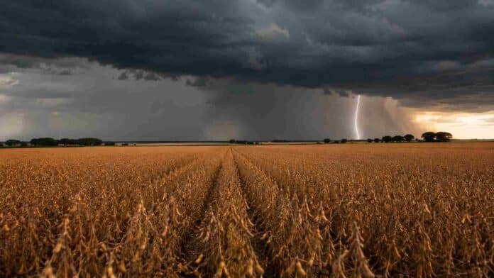 Lote de soja en estado R7 con suelo embarrado y camino rural inundado bajo un cielo de tormenta en la región pampeana argentina