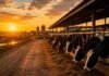 Tambos del futuro: robots, galpones y datos para sobrevivir en la lechería que viene Tambo moderno al atardecer con vacas lecheras Holando Argentino alimentándose bajo un galpón, camino rural y silos al fondo iluminados por la luz dorada del ocaso.