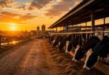 Tambos del futuro: robots, galpones y datos para sobrevivir en la lechería que viene Tambo moderno al atardecer con vacas lecheras Holando Argentino alimentándose bajo un galpón, camino rural y silos al fondo iluminados por la luz dorada del ocaso.