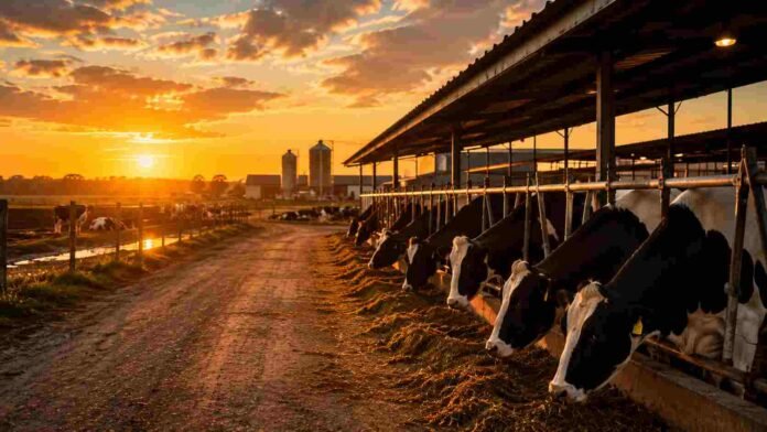 Tambo moderno al atardecer con vacas lecheras Holando Argentino alimentándose bajo un galpón, camino rural y silos al fondo iluminados por la luz dorada del ocaso.