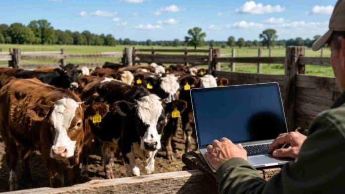 Terneros en un corral mientras un productor utiliza una computadora portátil para gestionar datos sanitarios y recategorización ganadera en un establecimiento rural argentino.