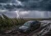Viento con ráfagas de 90 km/h y lluvias de hasta 70 mm: el SMN activó alertas en 13 provincias Camioneta encajada en camino rural inundado con barro durante tormenta severa en campo argentino, con ráfagas intensas y lluvias abundantes