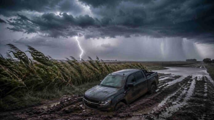 Camioneta encajada en camino rural inundado con barro durante tormenta severa en campo argentino, con ráfagas intensas y lluvias abundantes