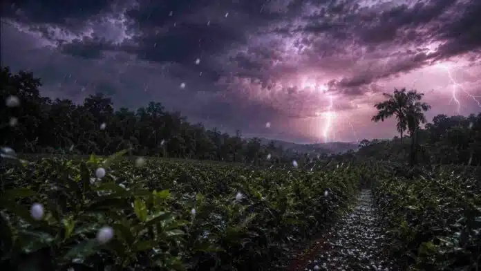 tormenta-granizo-yerba-mate-misiones Tormenta intensa sobre una plantación de yerba mate en Misiones, Argentina, con lluvia fuerte, caída de granizo y relámpagos iluminando un cielo oscuro de tonos violetas y grises, rodeado de vegetación selvática.