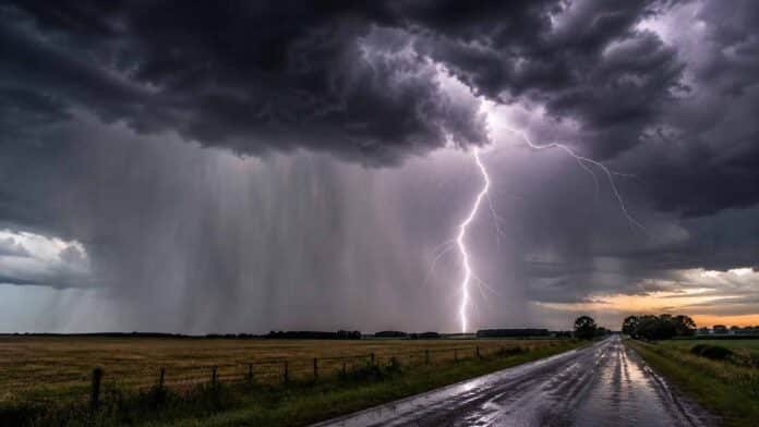 Tormenta intensa con relámpagos y lluvias torrenciales sobre una ruta rural y campos agrícolas en Argentina bajo cielo oscuro y amenazante.