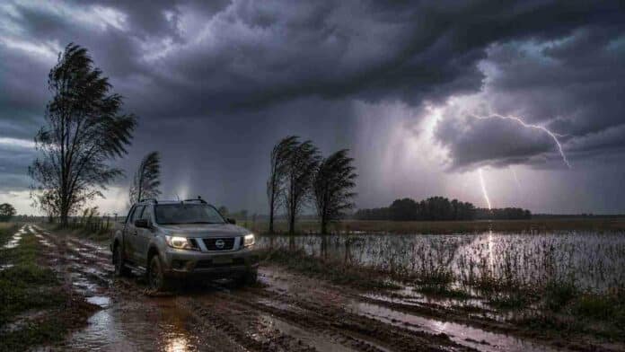 Camioneta Nissan Frontier avanzando en camino rural embarrado bajo tormenta eléctrica en el Litoral, con relámpagos, lluvia intensa y campos inundados.