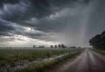 Meteorólogo en A Todo Trigo: “El Niño para 2026/27 es un escenario muy probable” y podría traer excesos de lluvia en primavera Tormenta intensa con lluvia sobre un camino rural y campos inundados bajo un cielo oscuro cargado de nubes en la región pampeana argentina.