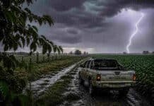 Lluvias de abril en Córdoba superaron el promedio histórico y mejoraron la humedad para la campaña de invierno Tormenta con lluvias intensas en camino rural, pickup Mitsubishi L200 embarrada bajo relámpagos y cielo oscuro con cortinas de lluvia