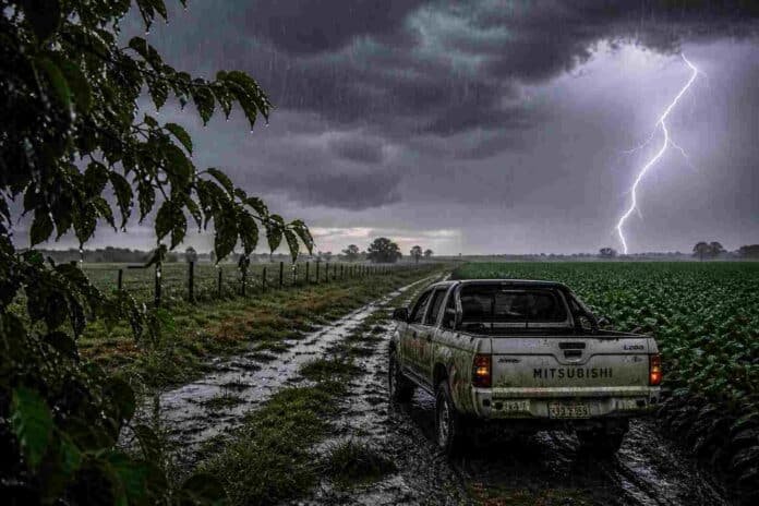 Tormenta con lluvias intensas en camino rural, pickup Mitsubishi L200 embarrada bajo relámpagos y cielo oscuro con cortinas de lluvia