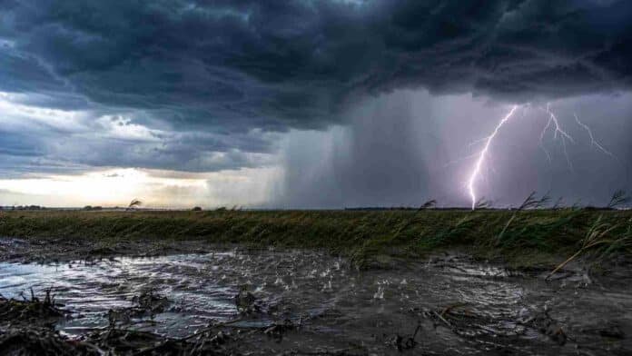 Tormenta severa con lluvias intensas y relámpago en campo argentino, con viento fuerte y avance de frente frío generando condiciones extremas