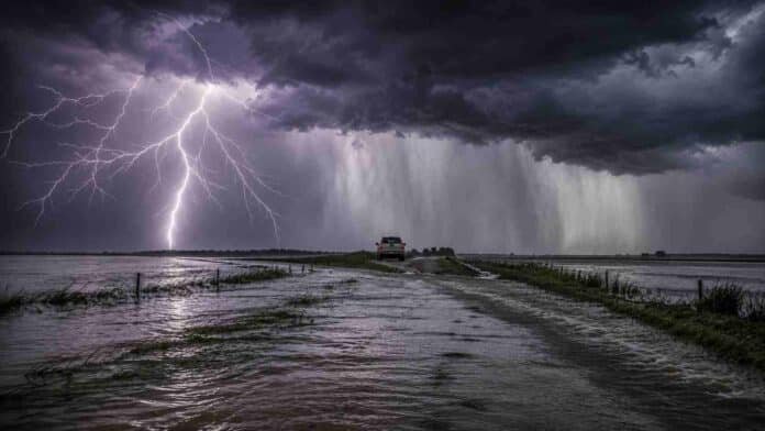 Tormenta severa con lluvias intensas en zona rural argentina, camino inundado con pickup a lo lejos y relámpago ramificado bajo nubes oscuras y cortinas de lluvia
