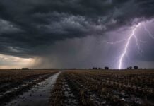 El fin de semana más frío del otoño se viene con lluvias: qué esperar del jueves al sábado Fuerte tormenta con gran relámpago sobre un campo de la Pampa Húmeda argentina, con suelo mojado, barro y rastrojo agrícola bajo nubes oscuras de lluvia