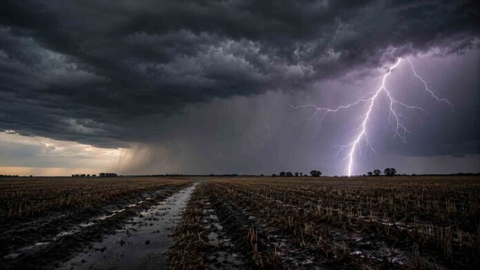 Fuerte tormenta con gran relámpago sobre un campo de la Pampa Húmeda argentina, con suelo mojado, barro y rastrojo agrícola bajo nubes oscuras de lluvia