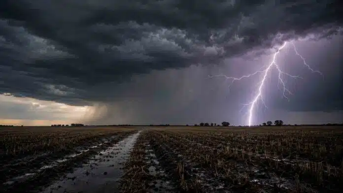 Fuerte tormenta con gran relámpago sobre un campo de la Pampa Húmeda argentina, con suelo mojado, barro y rastrojo agrícola bajo nubes oscuras de lluvia