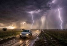 Tormentas severas con granizo y ráfagas de 90 km/h avanzan sobre Buenos Aires y el centro del país Camionetas circulando por un camino rural inundado bajo una tormenta severa con rayos, lluvias intensas y cielo oscuro en zona agrícola argentina.