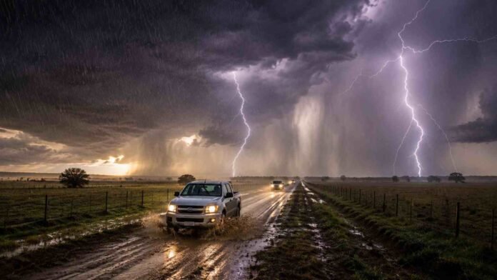 Camionetas circulando por un camino rural inundado bajo una tormenta severa con rayos, lluvias intensas y cielo oscuro en zona agrícola argentina.