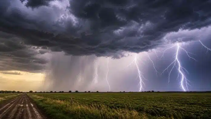 Tormenta severa con relámpagos y lluvias intensas sobre campo agrícola en el norte argentino