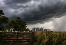 Fuerte frente de tormentas golpea al NEA: hasta 90 mm y riesgo de granizo Tormenta severa con fuertes vientos y lluvias sobre campo rural con tranquera y silos al fondo en Argentina