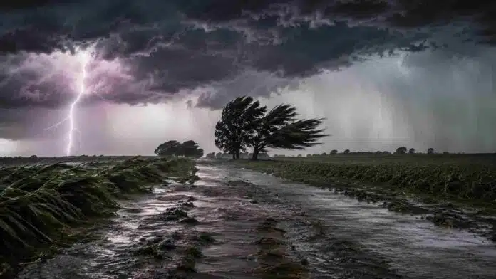 Tormenta severa en campo bonaerense con camino rural inundado, cultivos doblados por el viento y relámpagos bajo un cielo de nubes oscuras y lluvias intensas