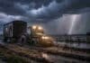 Avanzan tormentas con lluvias intensas y frío polar: tres días críticos para el campo Tormenta severa con lluvias intensas en la región núcleo argentina, tractor con luces encendidas remolcando una casilla rural encajados en el barro bajo relámpagos y cortinas de lluvia