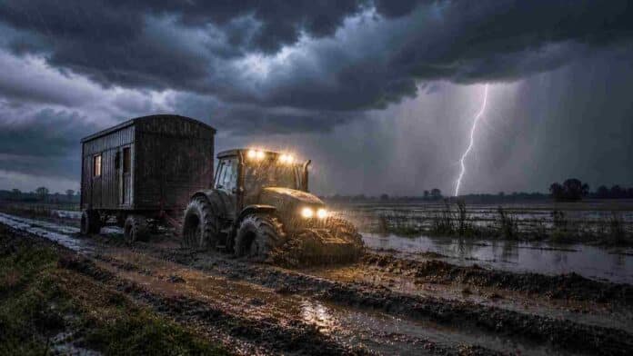 Tormenta severa con lluvias intensas en la región núcleo argentina, tractor con luces encendidas remolcando una casilla rural encajados en el barro bajo relámpagos y cortinas de lluvia