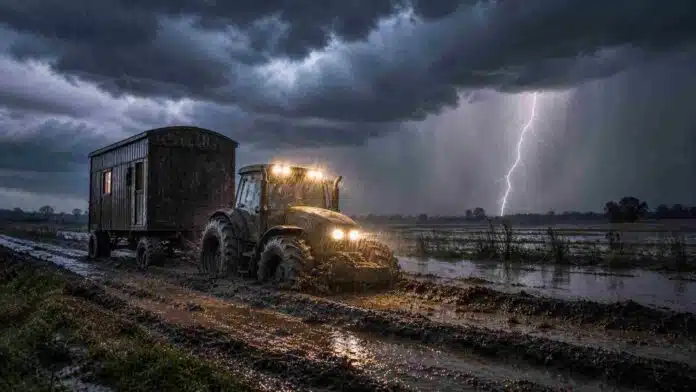 Tormenta severa con lluvias intensas en la región núcleo argentina, tractor con luces encendidas remolcando una casilla rural encajados en el barro bajo relámpagos y cortinas de lluvia
