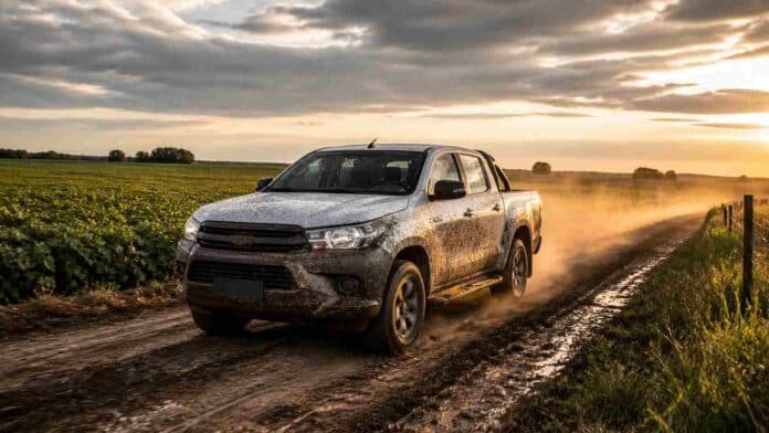 Camioneta tipo Toyota Hilux circulando por camino rural con barro en zona agrícola argentina al atardecer, levantando polvo y tierra entre cultivos.