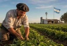 Mesa de Enlace y CAME defienden la demora en la homologación salarial rural: atribuyen el retraso a la reforma laboral, no al Gobierno Trabajador rural argentino realizando tareas en un cultivo durante el atardecer en un establecimiento agropecuario de la región pampeana.