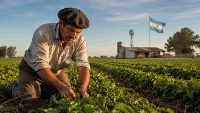 Trabajador rural argentino realizando tareas en un cultivo durante el atardecer en un establecimiento agropecuario de la región pampeana.