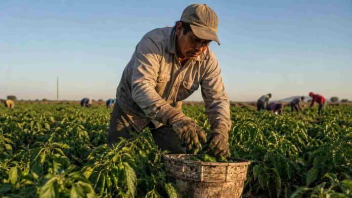 Trabajador rural realizando tareas de cosecha manual en un campo agrícola argentino durante una jornada de producción.